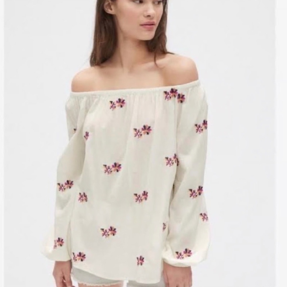 Gap White Cotton Off the Shoulder Peasant Blouse Colorful Cross-Stitch Florals